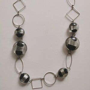 Chunky Black Silver Lucite Beads Necklace Ovals Circles Squares Links 24" Length